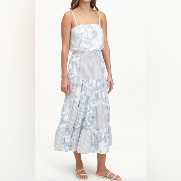 Splendid Misty Patchwork Midi Dress Floral Stripe Print Tiered Boho Medium - Picture 14 of 15